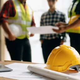 Construction site workers looking at plans. Hardhat on a table.